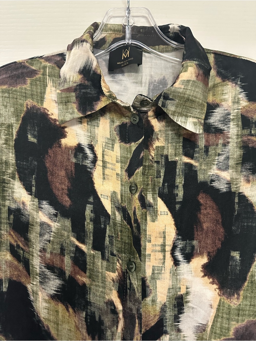 Milio Milano Black Abstract Animal Print Tie Front Blouse XS Made in Italy - Picture 2 of 8